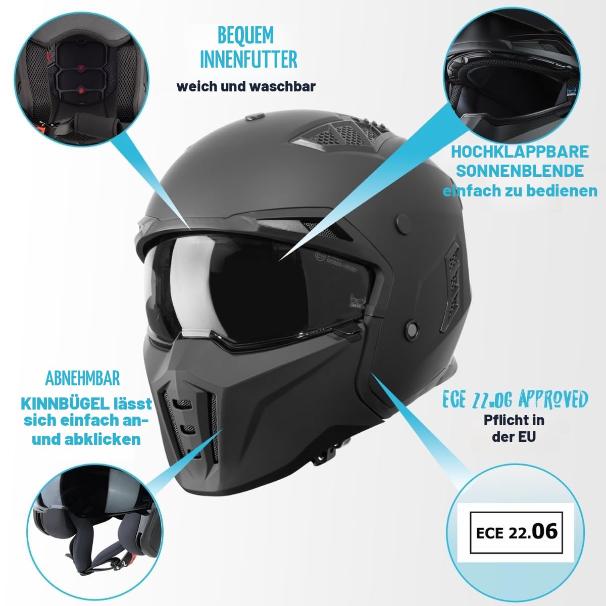 VINZ Kioto Jethelm / Streetfighter Helm | ECE 22.06 zugelassen | Motorradhelm | Rollerhelm mit Sonnenvisier / Sonnenblende | Jet Helm Mit abnehmbarem Kinnschutz