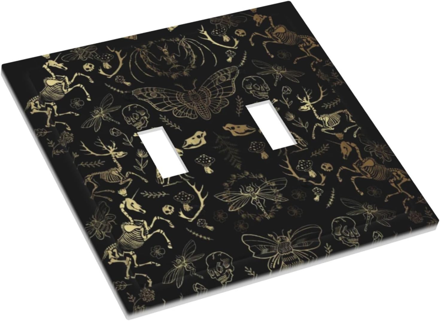 Gold Animal Bones Plants Black Witchy Gothic Oddities Dark Academia Double Toggle Artistic Light Switch Cover Decorative 2-Gang Wall Plate Dual Device Electrical Switchplate for Bathroom Decor