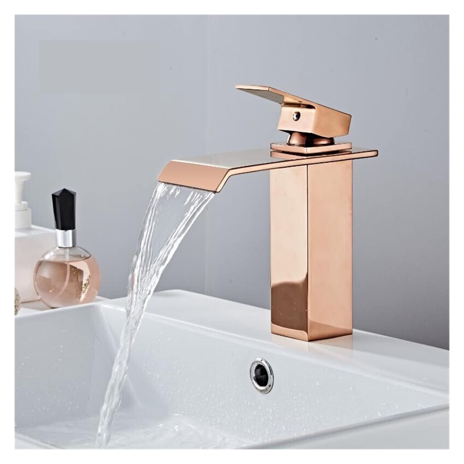 Grifo de baño de latón Dorado Rosa, Grifo Monomando para Fregadero montado en Cubierta, Mezclador de Cascada Caliente y fría, Elegante Negro Corto para Cocina y baño