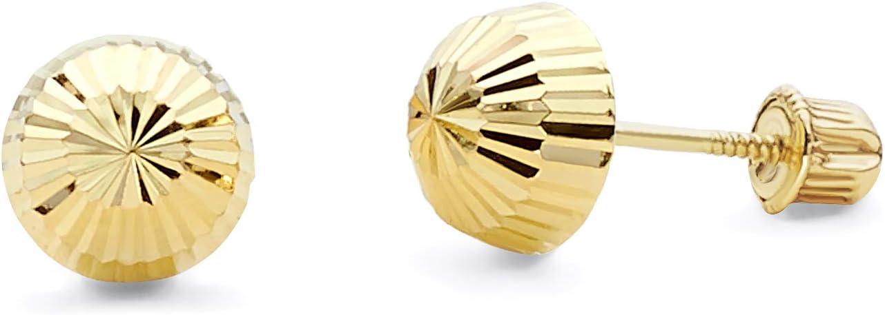 14k Yellow Gold Half Ball Diamond Cut Stud Earrings with Screw Back - 6 Different Size Available
