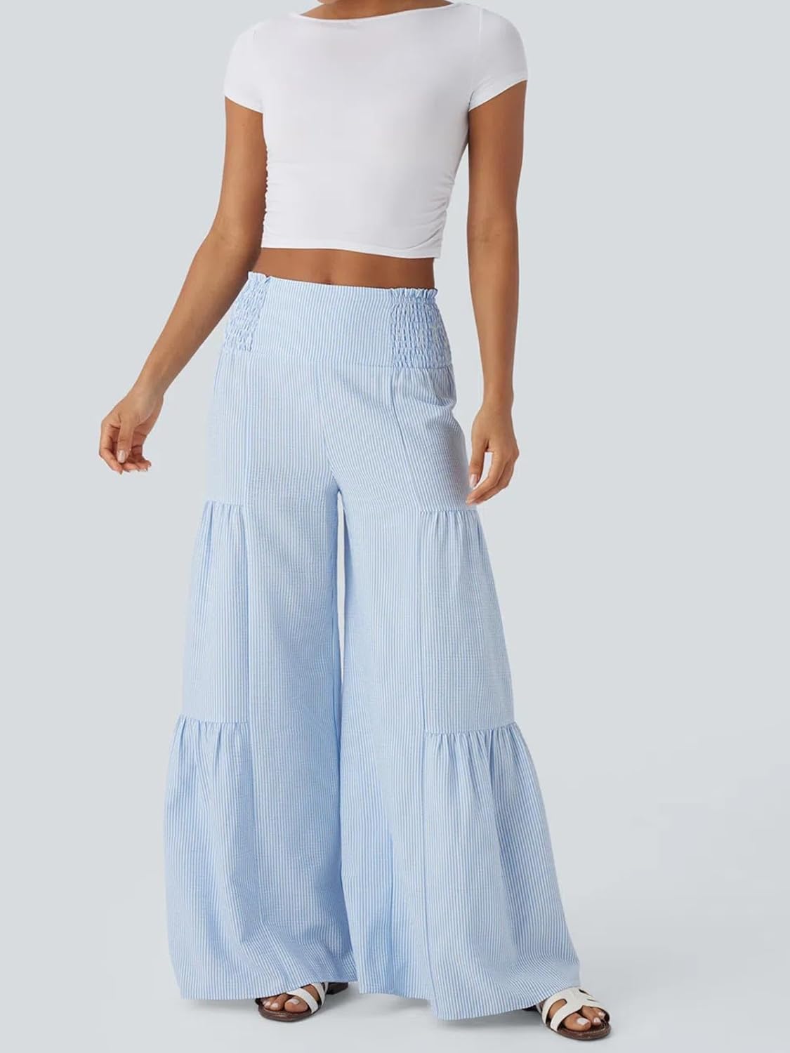 HOULENGS Women's Casual High Waisted Tie Back Striped Pants Lightweight Wide Leg Palazzo Lounge Flowy Long Pants - Image 7