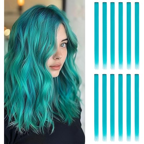 Peacock Blue Color 12Pcs Colored Hair Extensions - 22 Inch Straight Clip In Synthetic Hairpieces Ideal for Women, Kids, and Girls, for Halloween, Christmas and Cosplay