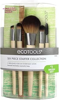 EcoTools Conjunto de 6 peças para iniciantes, inclui: pó/blush, corretivo, sombra completa, spoolie e pincéis angulares de forro, com bolsa de cosméticos, sem crueldade