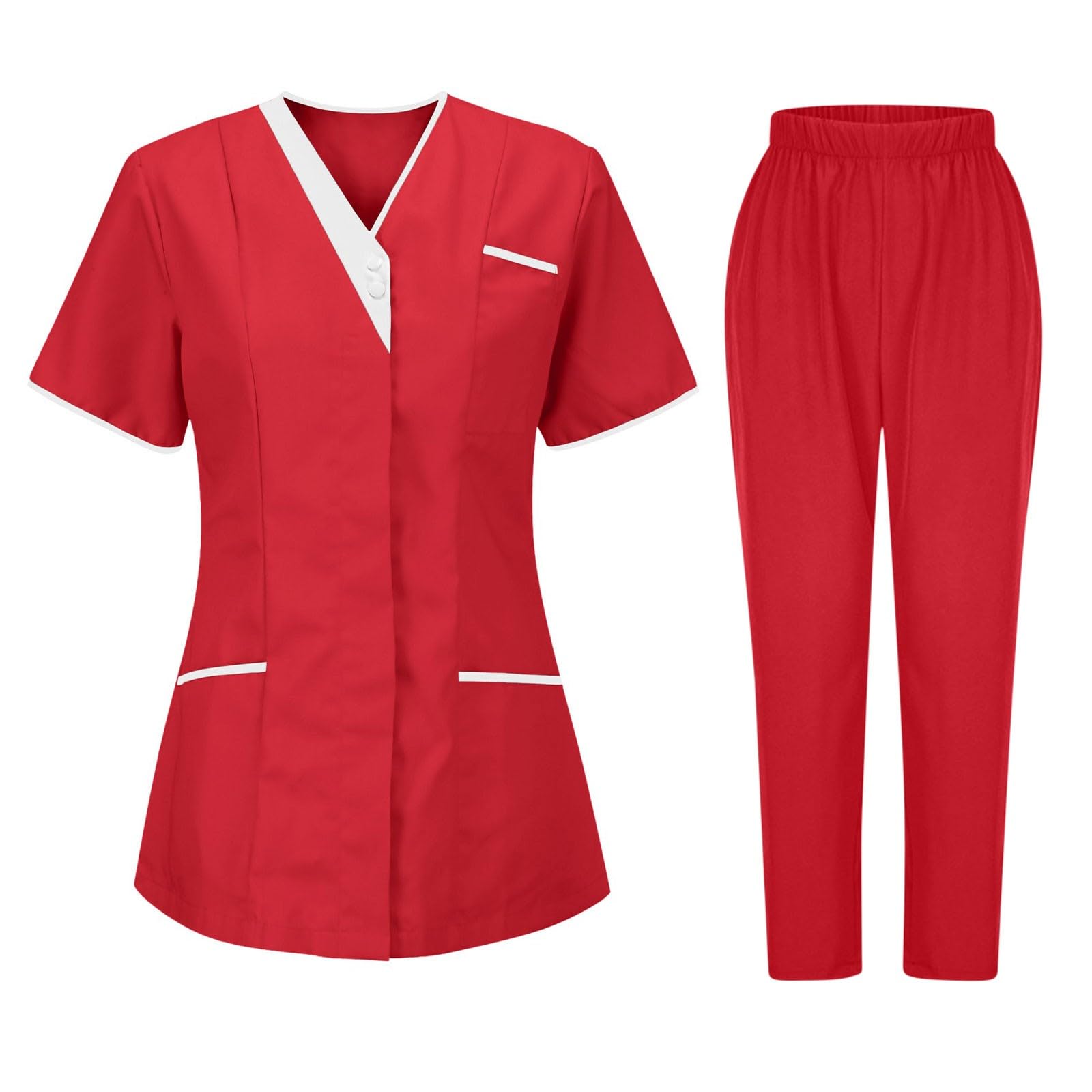 Scrub Set for Women Casual Slim V Neck Scrub Blouses Top Skinny Cargo Scrub Pants Workwear Nursing Working Uniforms Red