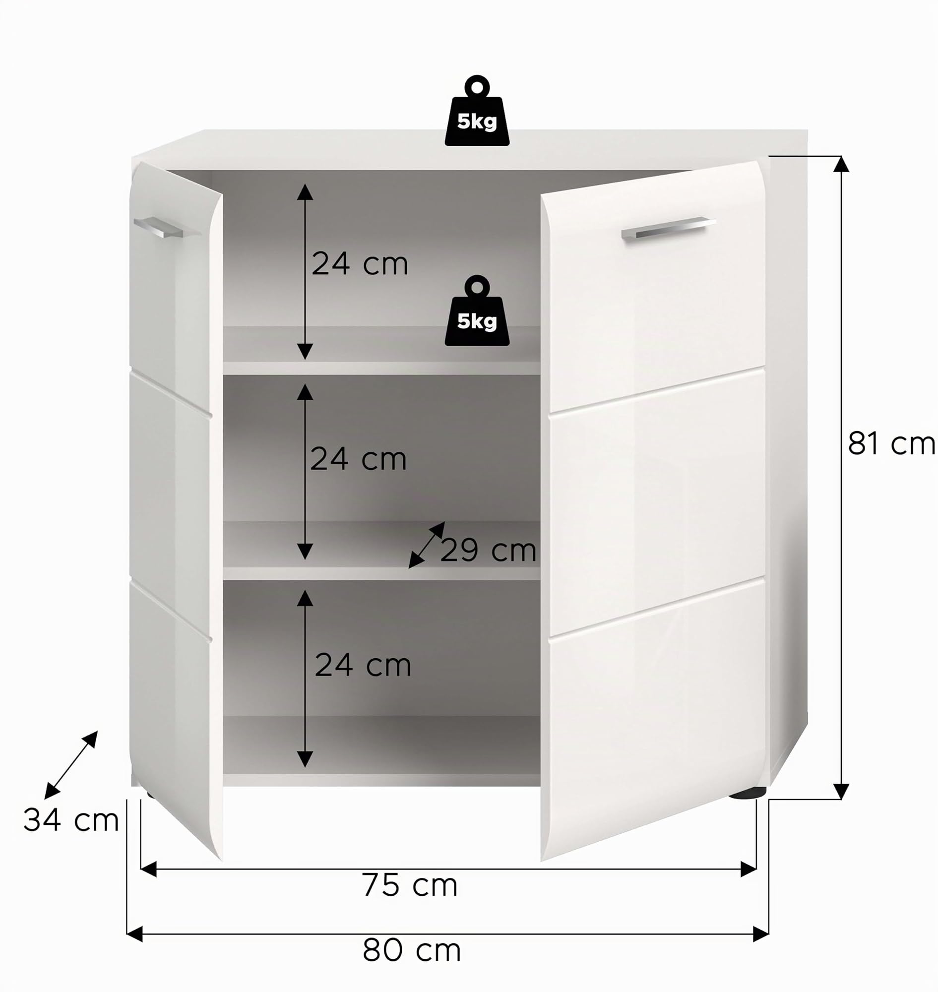 xonox.home – Highboard Ice 80x81x34 cm in weiß Hochglanz und weiß – Stilvolle Highboard Kommode mit viel Stauraum – modernes Design für Wohnzimmer & Essbereich