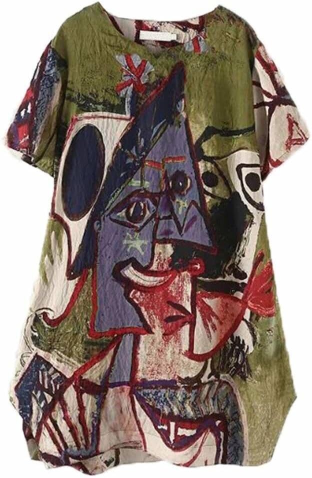 FTCayanz Vestido casual de manga corta para mujer, estampado holgado, con bolsillos