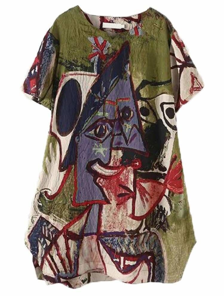 FTCayanz Women's Casual Midi Dresses Short Sleeve Loose Print T Shirt Dress with Pockets