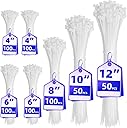 Cable Zip Ties,600 Piece Self-Locking Nylon CableTies,Assorted Sizes 4+6+8+10+12-Inch,Multi-Purpose Wire Management Plastic Ties,Perfect for Home,Garden,Office,Travel and Workshop.White