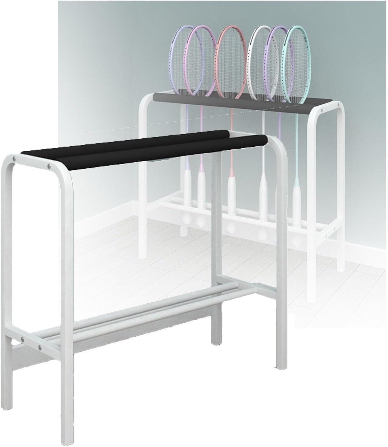Support de rangement pour raquettes de tennis et badminton sur pied en metal noir