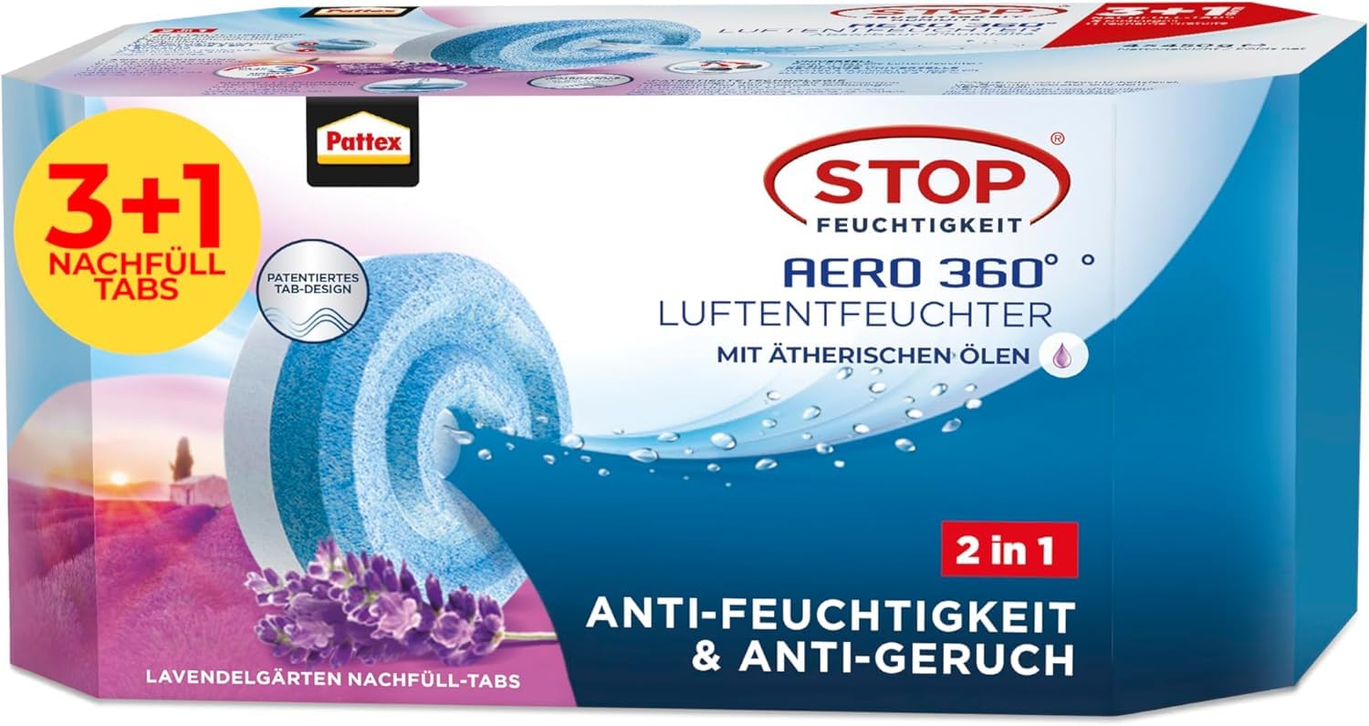 Pattex AERO 360° Luftentfeuchter Nachfüll Tabs Lavendel, ultra-absorbierend und geruchsneutralisierend, für den AERO 360° Luftentfeuchter, reduzieren Kondenswasser, Nachfüllpack (3+1 x 450g)