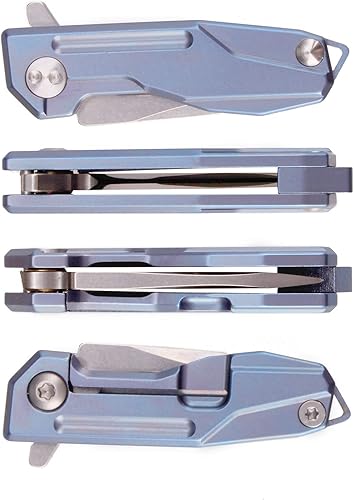 Miniatura 5 de Samior HY002 - Cuchillo plegable ultra pequeño de bolsillo, hoja de damasco D2 de 1.3 pulgadas, mango de titanio azul con bloqueo de marco, mini