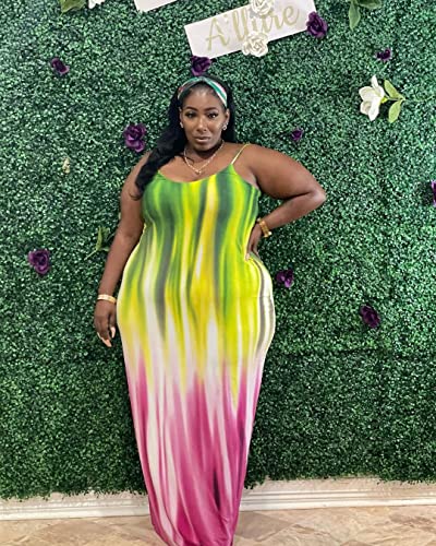 Image of BFFBABY Womens Summer Suspender Maxi Dress Plus Size Striped Printed Sleeveless with Pockets and Belt