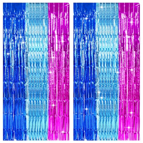 Image of TONIFUL Blue Pink Door Streamers,Blue and Pink Photo Booth Backdrop Metallic Streamers Foil Fringe Curtain for Birthday,New Year,Graduation,Grad,Baby Shower Party Streamers Decoration