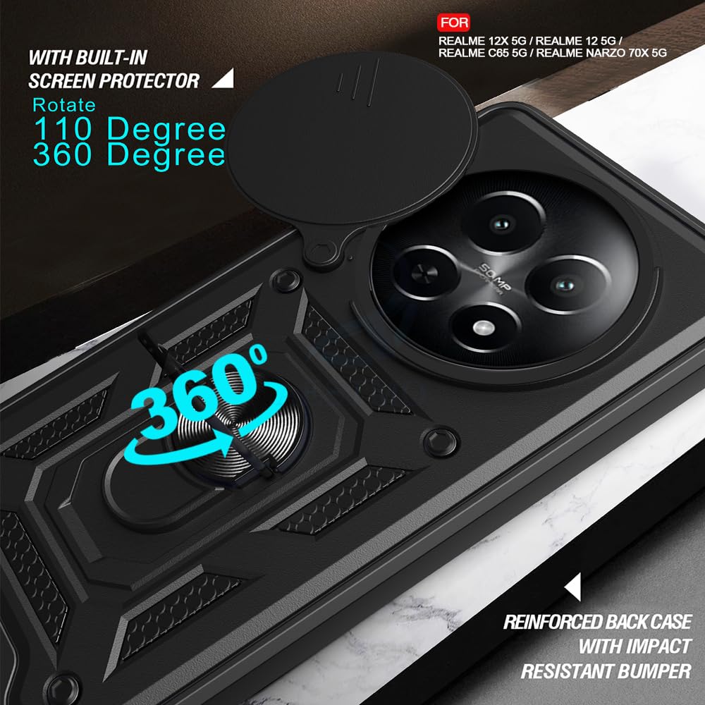 Tough Armor Realme 12X / 12 / C65 / Narzo 70X 5G Back Case Cover | Ring Holder & Sliding Camera Shield | 360 Degree Protection Back Case Cover for Realme 12X / 12 / C65 / Narzo 70X 5G (Black) Tough Armor Realme 12X / 12 / C65 / Narzo 70X 5G Back Case Cover | Ring Holder & Sliding Camera Shield | 360 Degree Protection Back Case Cover for Realme 12X / 12 / C65 / Narzo 70X 5G (Black)