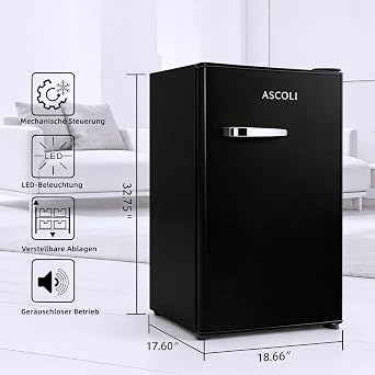 Retro Fridge with Freezer Small 85 L (77 + 8 L) Mini Vintage Freezer Combination Freestanding Freezer Black Quiet Mechanical Control LED Lighting [Energy Class E]