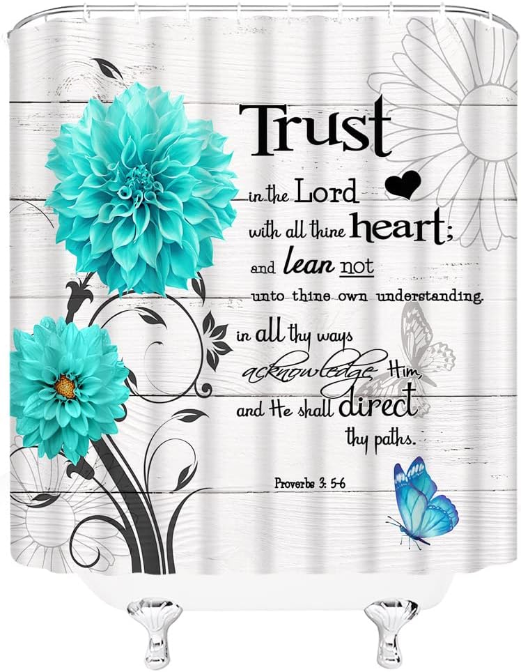 Inspirational Quote Shower Curtain Teal Dahlia Flower Butterfly Trust in The Lord with All Thine Heart Motivational Wooden Plank Decor Fabric Bathroom Set with Hooks 84Wx70H Inch