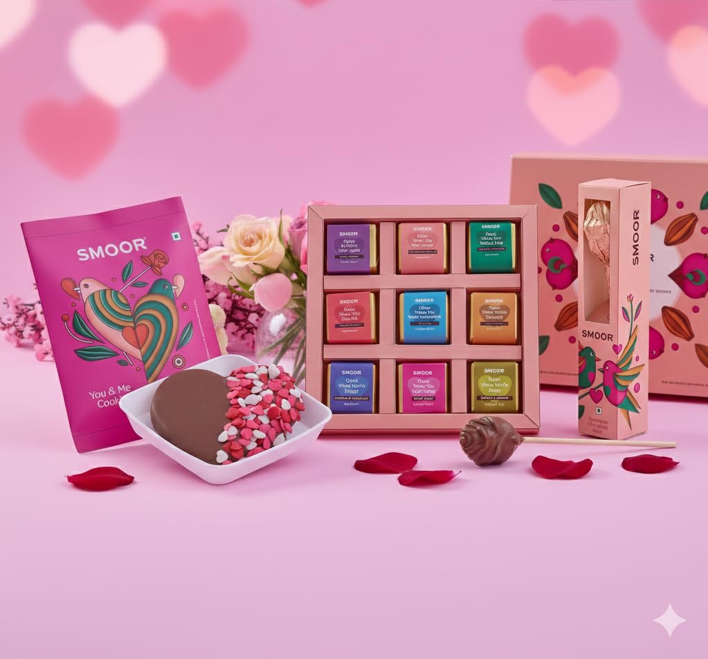 Valentine's Day Chocolate Gift Combo, 9 Piece Praline Box with Assorted Flavors, Chocolate Rose, You & Me Cookie, 250 Grams | Best gift to your loved ones