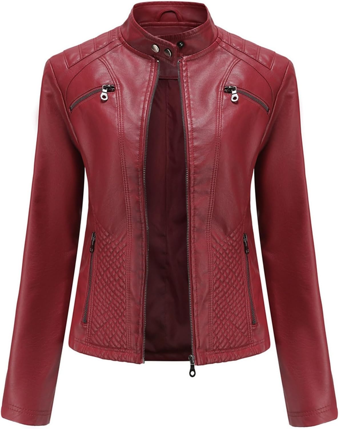 Lmdudan Faux Leather Jacket for Women Stand Collar Motorcycle Zip Up Long Sleeve Motor Biker Short Coat Outwear with Pockets