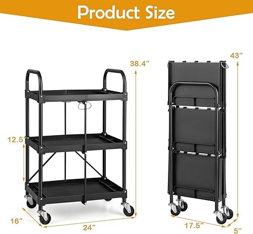 Miniatura 7 de Nightcore Carrito utilitario plegable, carrito de servicio de alimentos de 3 niveles con ruedas bloqueables, capacidad de 330 libras, carrito de