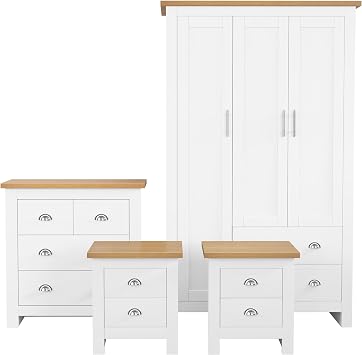 Blisswood Bedroom Furniture Sets with 3 Door Wardrobe & 2+2 Drawer Chest of Drawers + 2 Drawer 2 Bedside Table Bedroom Set for 4 Piece Bedroom Storage furniture White & Oak