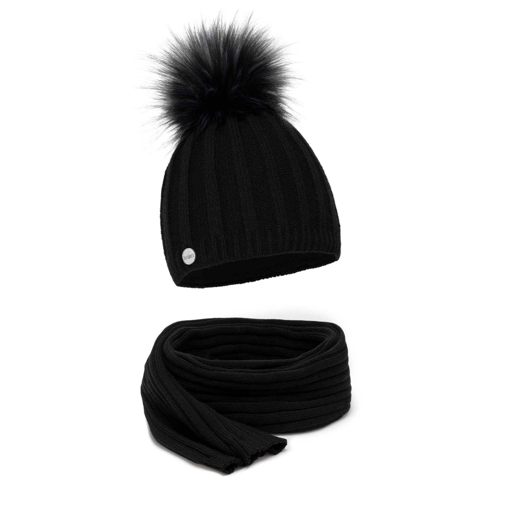 ELIMELI® Gorro de cachemira para mujer, gorro de punto, gorro de invierno de lana con cachemira y pompón de piel sintética. Fabricado en la UE, Negro - Set con bufanda, Talla única