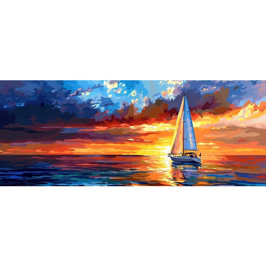 Malen Nach Zahlen Boot Sonnenuntergang DIY Malen nach Zahlen für Erwachsene, DIY Öl Leinwand Gemälde Anfänger,DIY Malen Nach Zahlen mit Pinseln und Acrylfarben, für Home Décor (Ohne Rahmen) 60x155cm