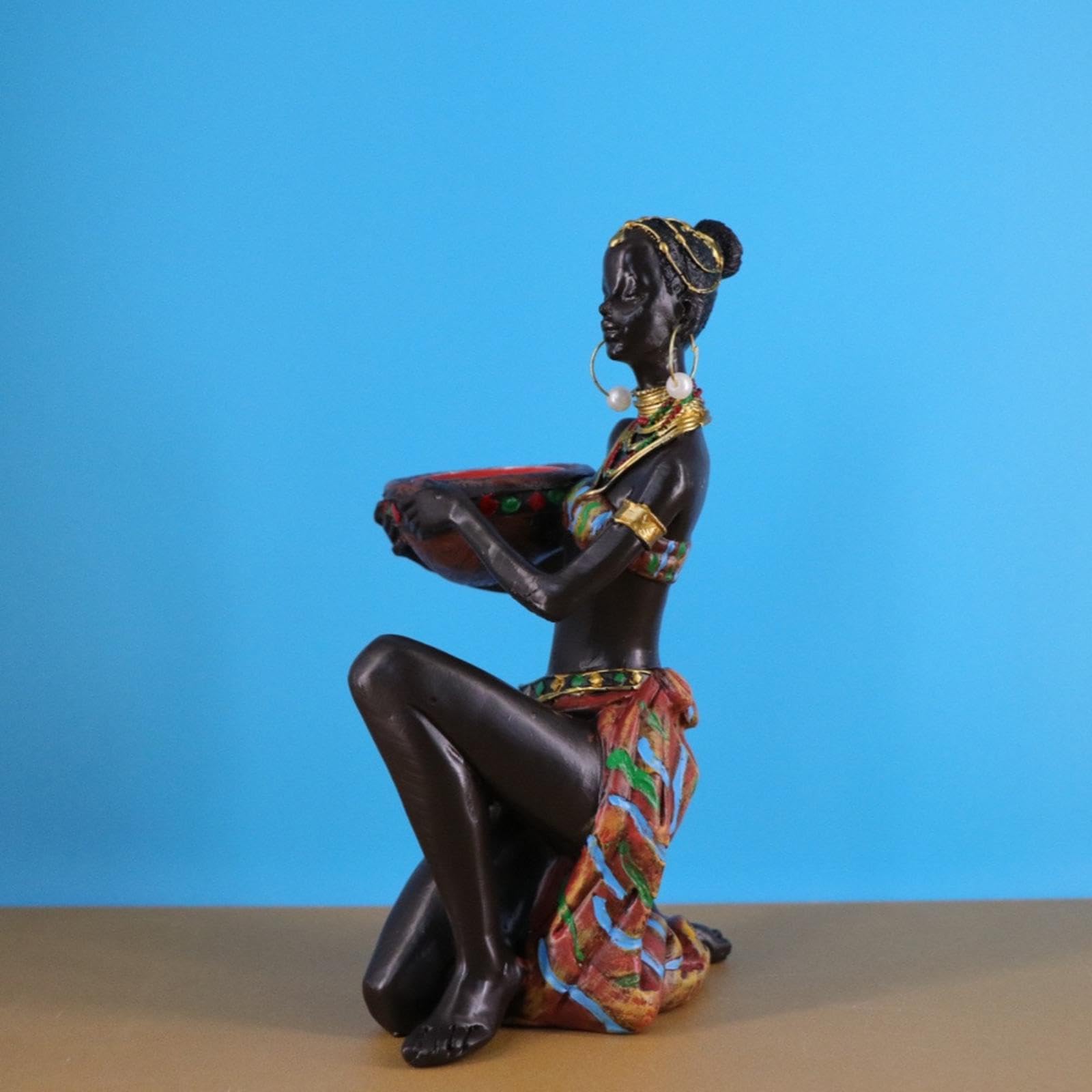 Figurina Mujer Africana Adorno Mesa Centro Figura Arte Tribal Soporte Vela Escultura de Resina Adecuada para Regalo Decoración Hogar Oficina Dormitori, Falda Marrón, Individual