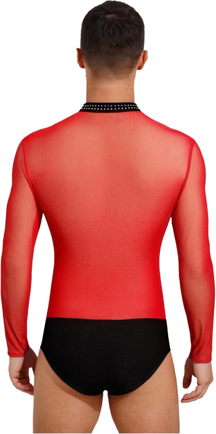 FEESHOW Men's Glittery Rhinestone Gymnastics Leotard Long Sleeve Figure Skating Bodysuit Latin Dance Top