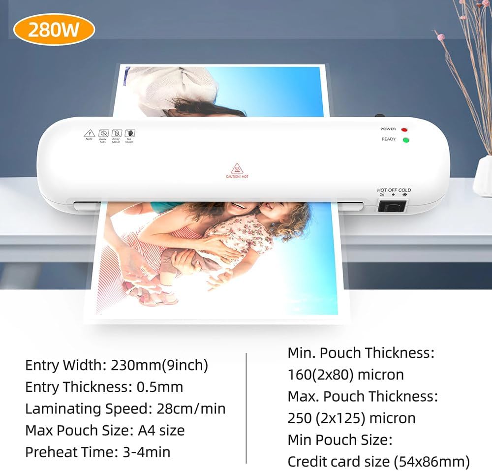 Laminating Machine, 9 Inch A4 Laminator, Personal Desktop Hot & Cold Laminator, 2 Min Preheating, 340mm/Min Speed, Office, School, Home, Business - White, 110V