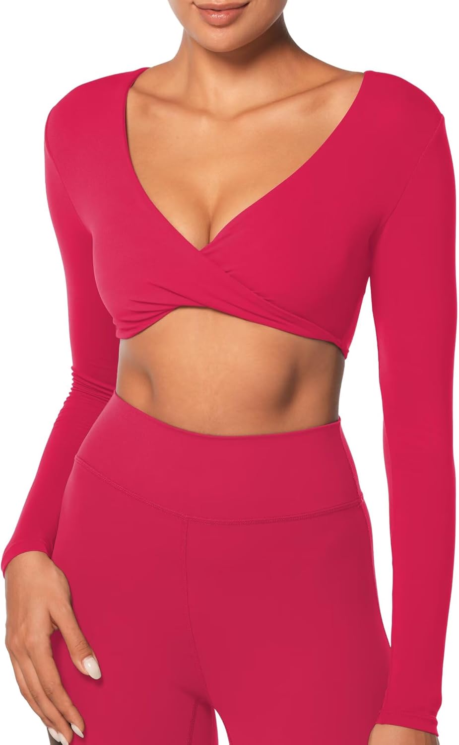 Sunzel Long Sleeve Workout Tops for Women Buttery Soft Deep V Twist Cropped Tops with Compression for Yoga Pilates Gym Outfit