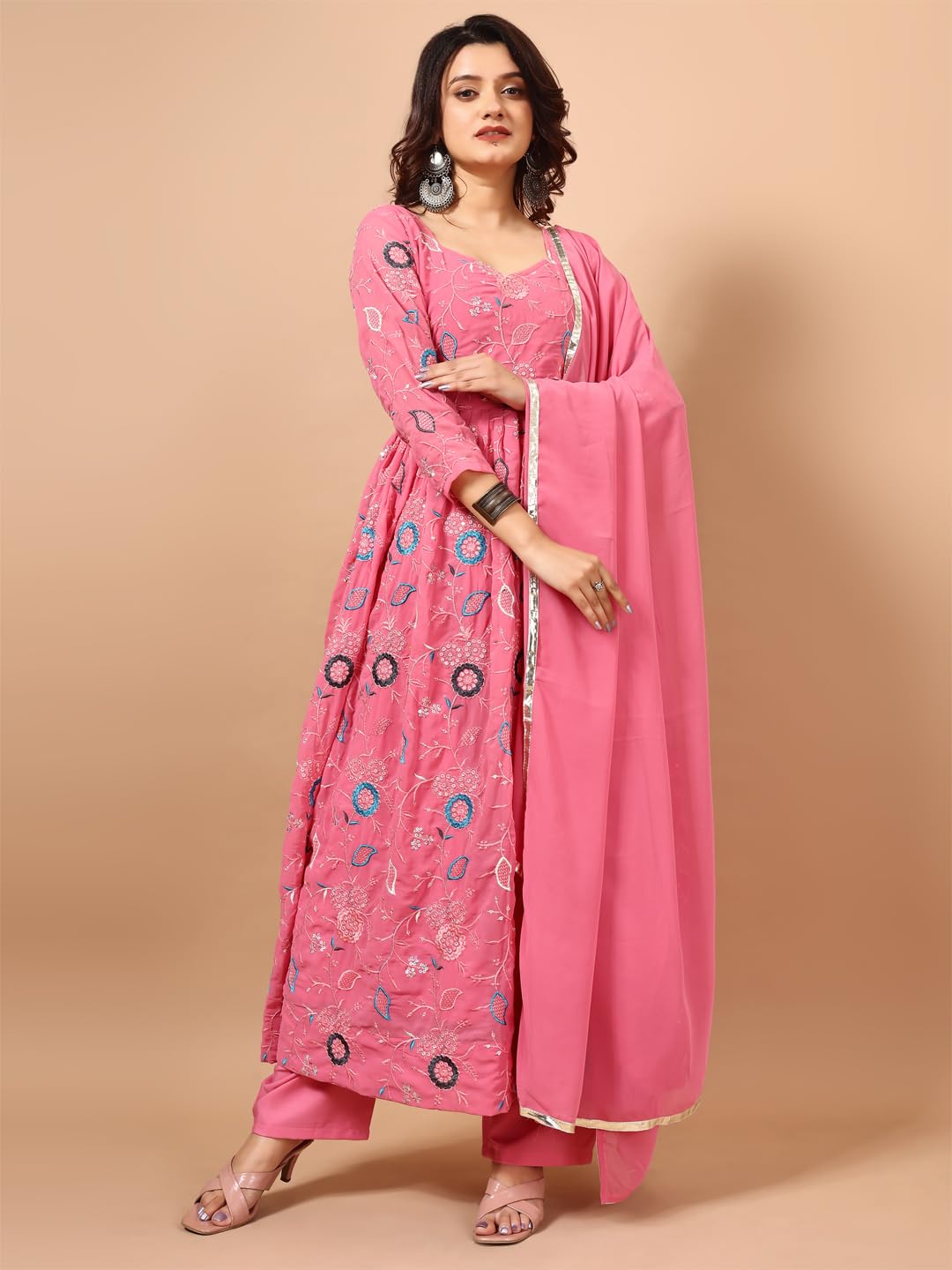 Fashion Basket Georgette Anarkali Kurta Set For Women (In, Alpha, L, Regular, Pink)