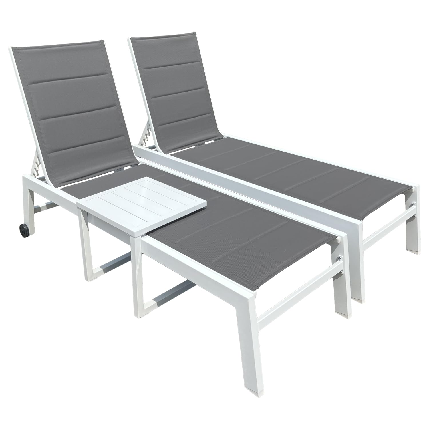 Happy Garden Set 2 Bains de Soleil Barbados en textilène Gris et Aluminium Blanc + Table d'appoint. Transat d'extérieur Multi Position.