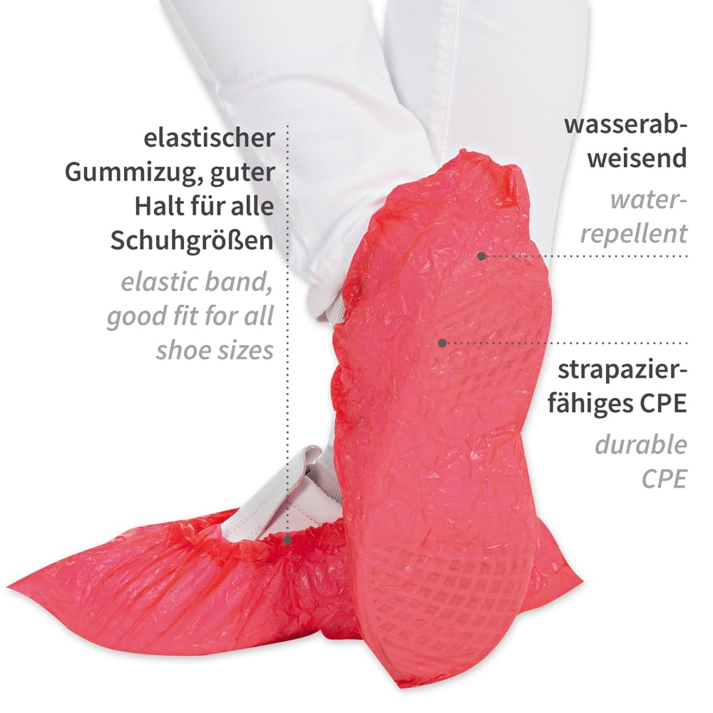 Franz Mensch Hygostar Überschuhe rot aus CPE, 2000 Stück, Schuhüberzieher, Einweg Überziehschuhe, schmutz- und wasserabweisend, gehämmerte Struktur