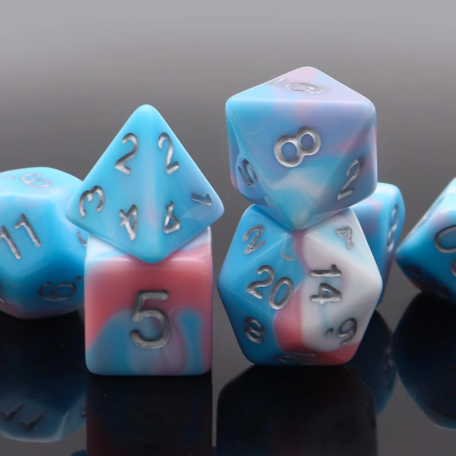 PJOY DND Dice Set 7PCS Blue Pink White D&D Polyhedral Dice with Velvet Dice Bag for Role Playing Dice Games Compatible with Dungeons and Dragons (Pastel Paradise)