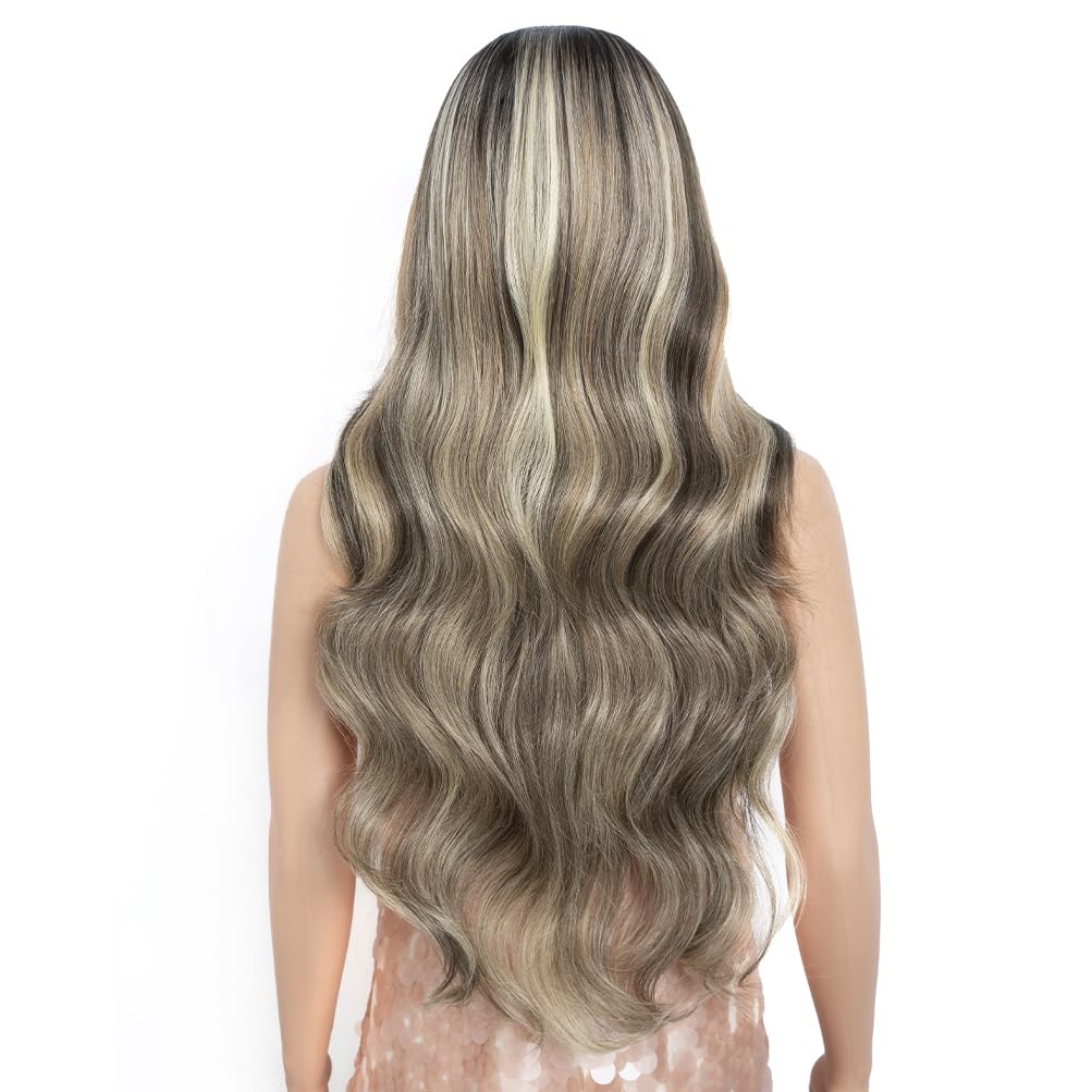 Style Icon 28” Long 6x4 Pre-Cut Lace Wig No-Lace-Cutting Free Part Multi-Layer Big Curls High Light Blonde Brown Lace Front Wig Grip Band Heat Resistant(28 Inches, NTSA4/10/23B/613C)