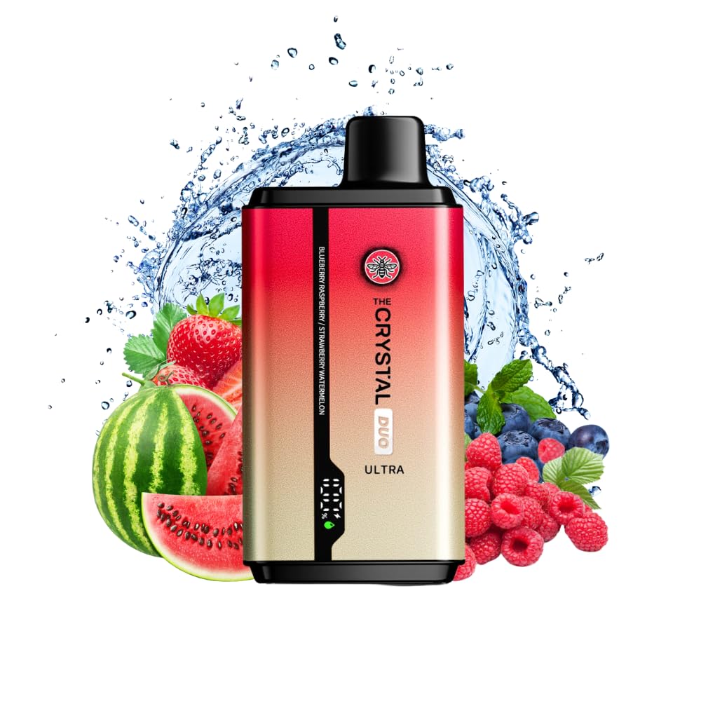 The Crystal Duo Ultra 15000 Puffs Disposable Vape, Visual Display Screen, Draw-Activated Rechargeable Dual Tank Vape, 0mg Nicotine Free (Blueberry Raspberry/Strawberry Watermelon)