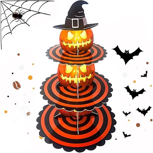 ALIBBON Soporte para cupcakes de Halloween, torre de 3 niveles para cupcakes, soporte para postres de cartón negro, bandeja para servir cupcakes de
