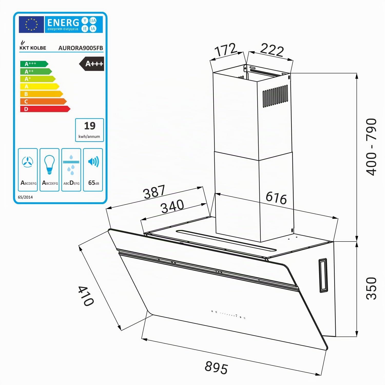 KKT KOLBE AURORA9005FB Hotte aspirante 90 cm 782 m³/h à recirculation d'air évacuée Hotte murale sans tête | Noir | Verre | Fonction de suivi automatique | Application Smart WiFi | SensorTouch |