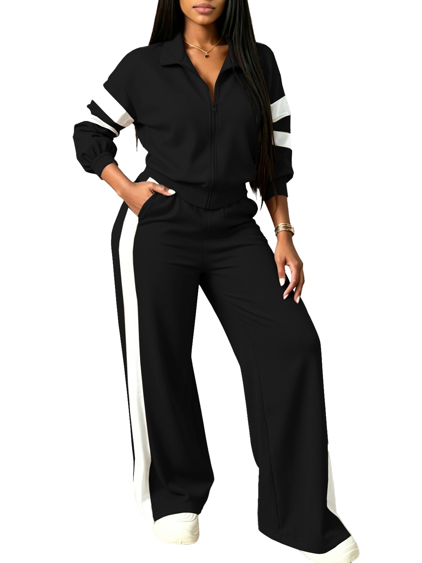 Women 2 Piece Tracksuit Full Zip Striped Wide Leg Loungewear Set