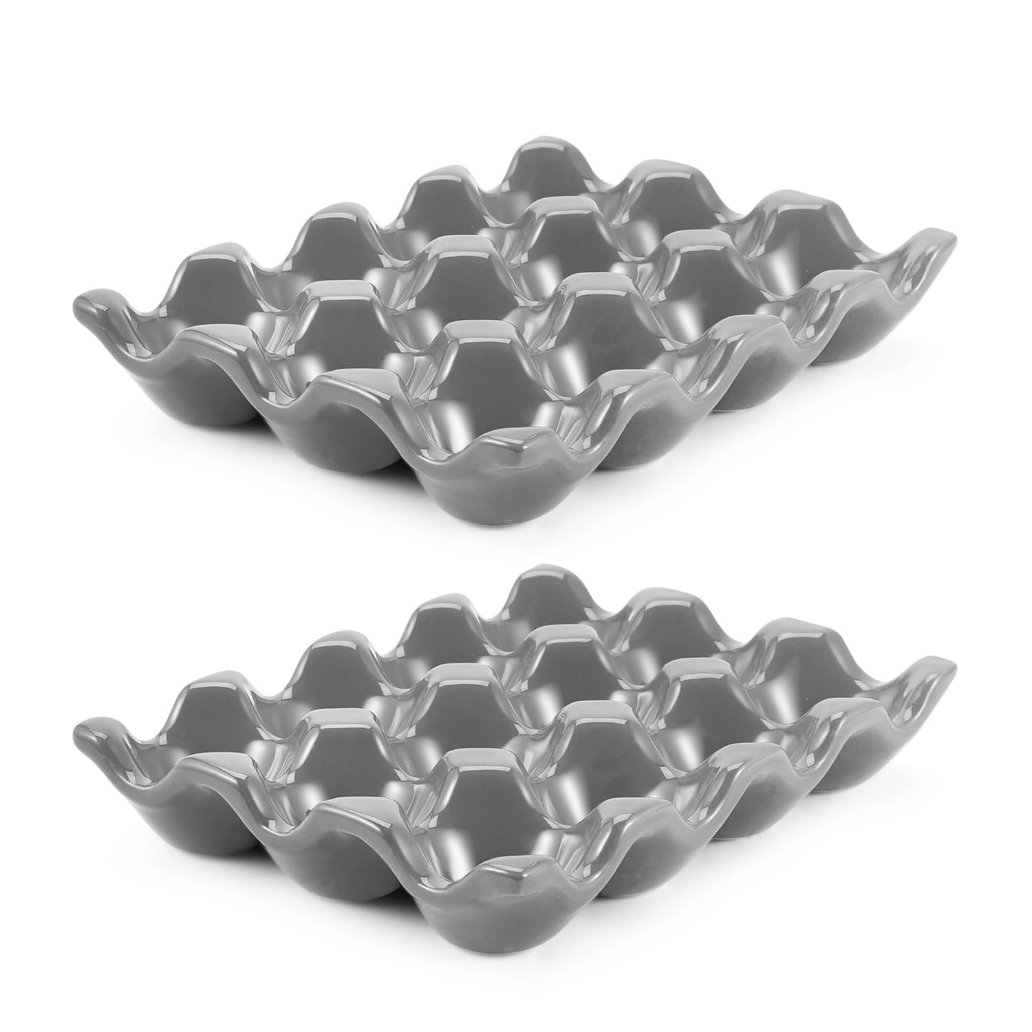 Flexzion 12 Cups Ceramic Egg Holder for Fridge - Dozen Ceramic Egg Tray Porcelain Container Storage Organizer Decorative Serving Stand Serveware for