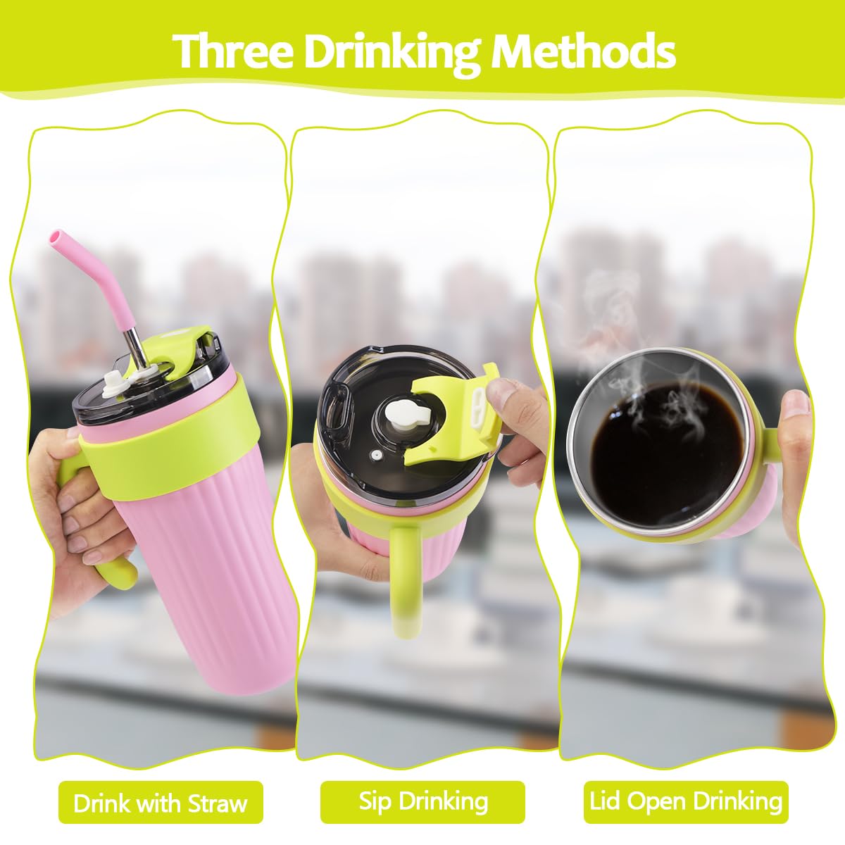 ROSMARINO - Tazza Termica da Viaggio con Coperchio, Manico e Cannuccia, Borraccia in Acciaio Inossidabile di Alta Qualità, Per Bevande Calde o Ghiacciate, 870 ml, Colore Beige