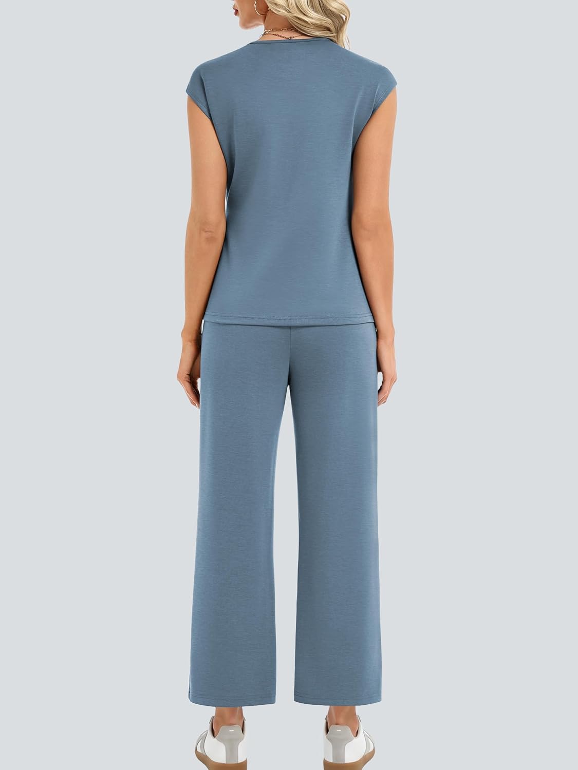 Casly Lamiit 2 Piece Set for Women Summer Casual Cap Sleeve Top with Belted Tie Crop Wide Leg Pants Travel Airport Outfit - Image 4