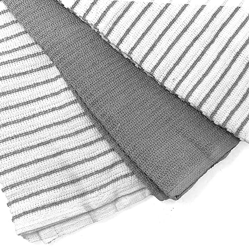 Towelogy Kitchen Tea Towels Set Of 3 Cotton - 40 x 60 cm Super Soft & Quick Drying Dish Cloths - Striped & Solid Designed (Grey/White, 3) - Image 6