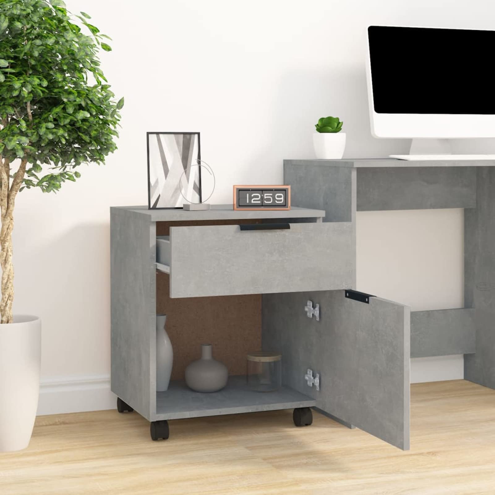 Schedario con Ruote Grigio Cemento 45x38x54cm Legno Multistrato,Cassettiera, Mobiletto da Ufficio con Serratura,Regolabile per Cartelle Sospese, Superficie Testurizzata, per Ufficio, Studio