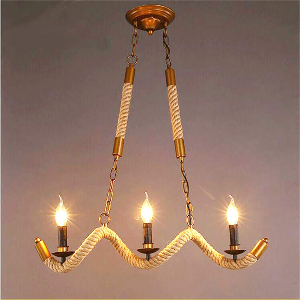Candelabro de cuerda de cáñamo para comedor y cafetería estilo vintage de 3 luces