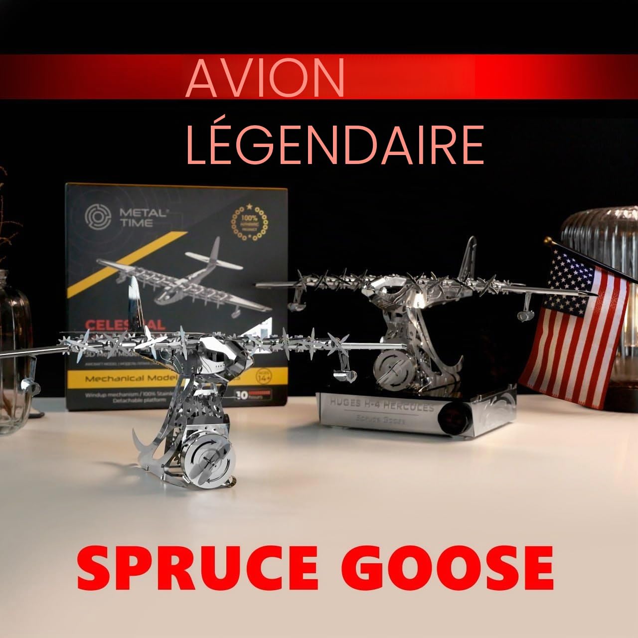 METAL TEMPS Hercules Hughes H-4 Herkuleles Sapin Goose - Kit de modélisme 3D en métal avec mécanisme pivotant, modèle volant herkules, plateforme amovible, 170 pièces.
