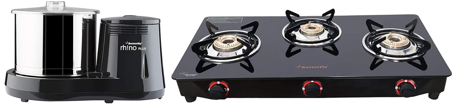 Butterfly Smart Glass 3 Burner Gas Stove & Rhino Plus Wet Grinder, 2L (Grey), 150W, Manual Butterfly Smart Glass 3 Burner Gas Stove & Rhino Plus Wet Grinder, 2L (Grey), 150W, Manual