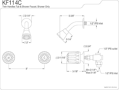 Miniatura 6 de Kingston Brass KF112 Americana - Válvula central para bañera y ducha de 8.0 in, con mango doble, cromo pulido