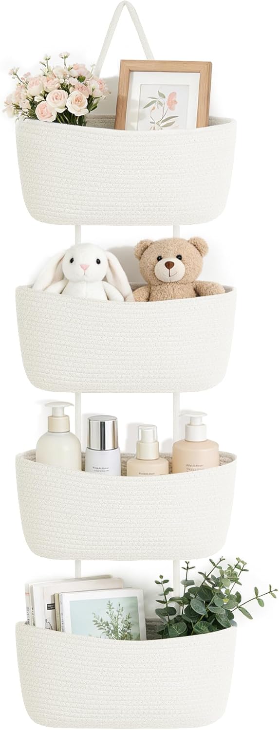 Dahey Over The Door Hanging Basket 4-Tier Woven Boho Wall Mounted Storage Organizer with Hooks for Bedroom Nursery Bathroom Apartments Dorm Pantry Decor, White