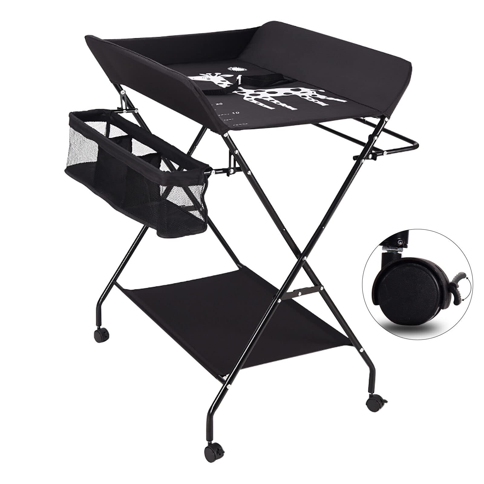 Cambiador de bebé portátil, plegable, con espacio de almacenamiento, cambiador de altura ajustable, con ruedas y cinturón de seguridad, cómoda para bebés y niños pequeños (negro)